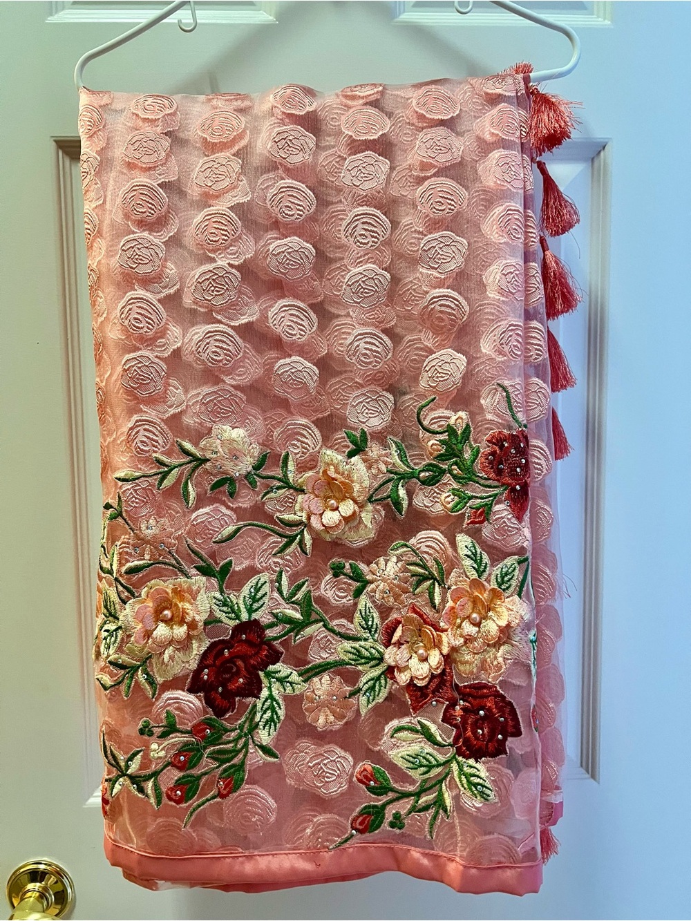 Pink Floral Embroidered Saree with Tassels